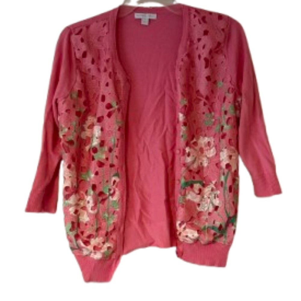 New York & Company Floral Pink & Green Crochet Front Cardigan - Medium